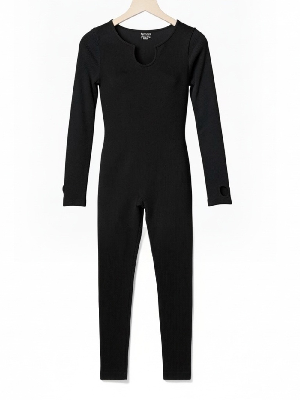 OQQ Ribbed One-Piece Long Sleeve Jumpsuit Black Size L